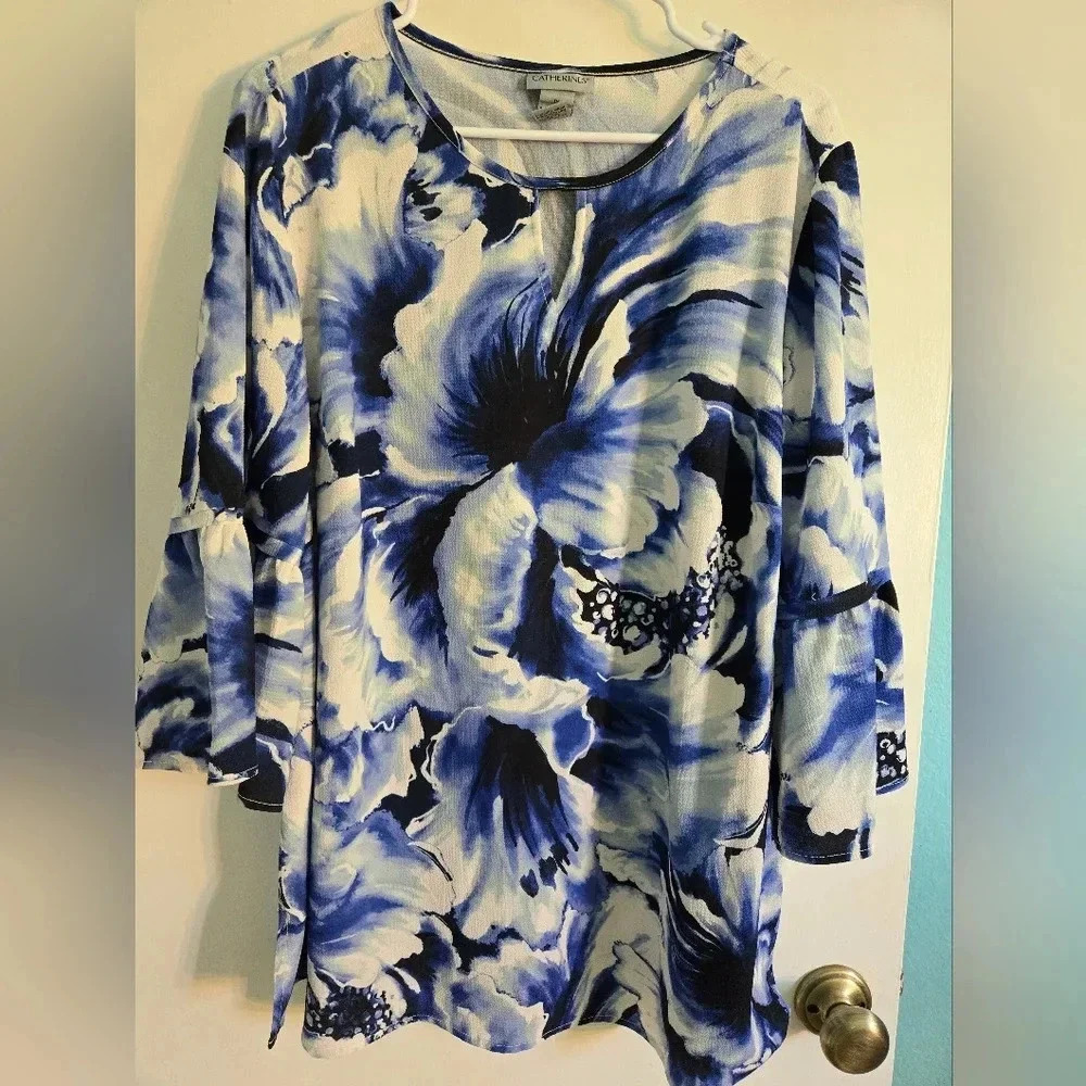 Catherines Blue/White Floral Blouse Size 1X